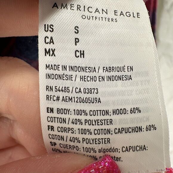 American Eagle Oversized Hooded Flannel Size S Red Blue Plaid Distressed Grunge - Picture 11 of 11